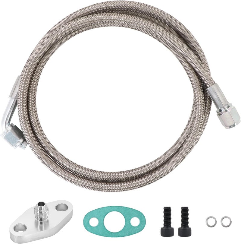 Tektall 4AN Turbo Oil Feed Line 60" Turbo Feed Line Length Stainless Steel Braided 4AN Pressure Stainless Remote Turbocharger 90 Degree End Straight Hose End, 4AN Oil Feed Line Fitting Included - Image 1